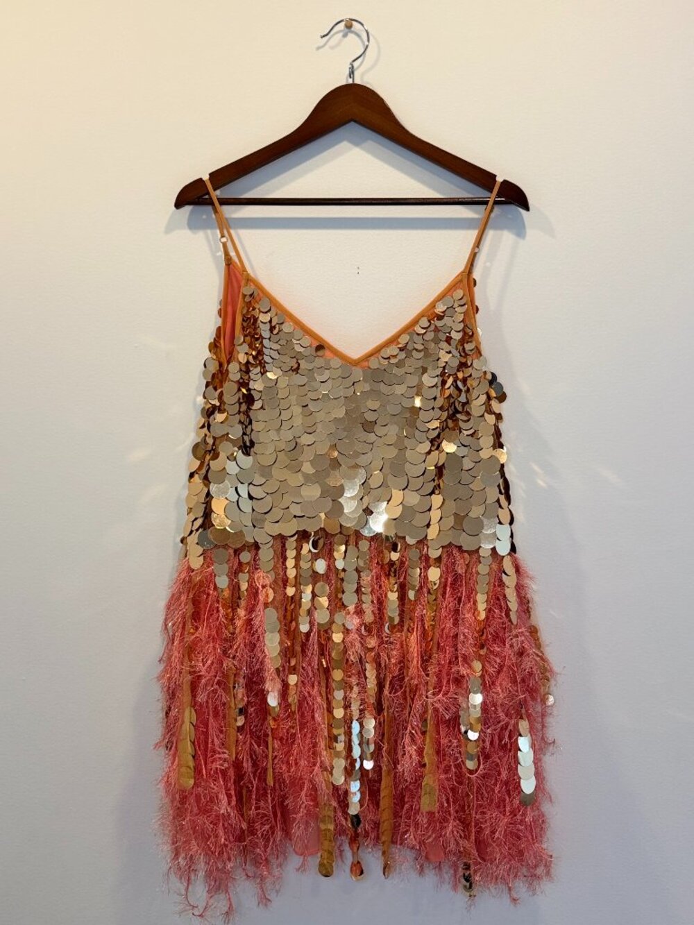 ASOS EDITION Paillette Sequin Mini Dress with Faux Feather Hem in Coral Size 6 - Picture 5 of 8